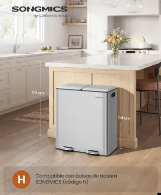 SONGMICS Cubo de Cocina, 2 x 30 L, Papelera Doble