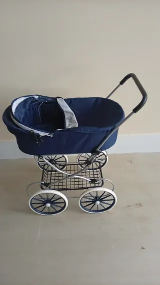 Juguete- Carrito de muñecas azul marino y hueso