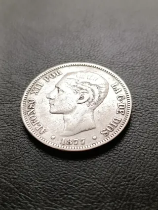 Moneda Plata 5 pesetas Alfonso XII año 1877.