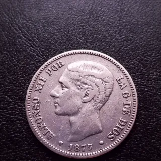 Moneda Plata 5 pesetas Alfonso XII año 1877.