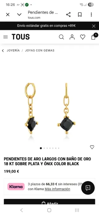 Pendientes Tous piedra negra onix plata baño oro.