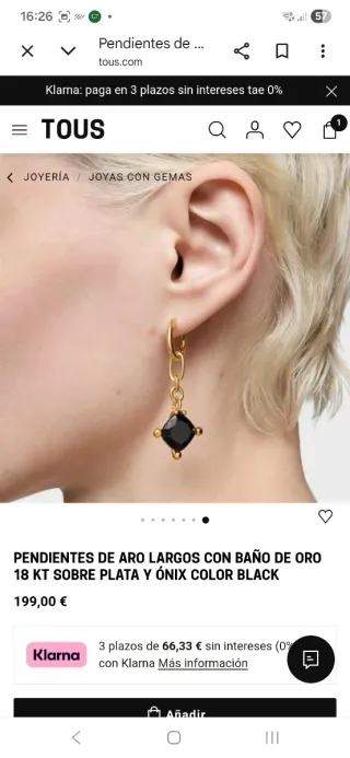 Pendientes Tous piedra negra onix plata baño oro.