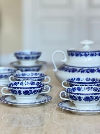 Juego consomé porcelana azul y blanco Santa Clara