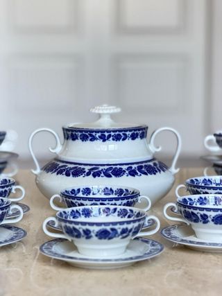 Juego consomé porcelana azul y blanco Santa Clara