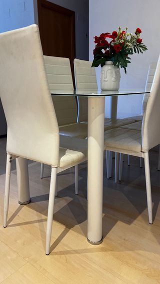 Mesa Comedor Cristal + 6 Sillas Blancas