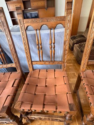 4 Sillas Madera Cuero Trenzado