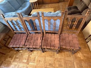 4 Sillas Madera Cuero Trenzado