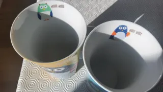Tazas de búhos, cerámica, azul y amarillo
