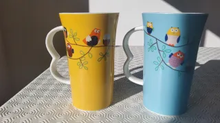 Tazas de búhos, cerámica, azul y amarillo