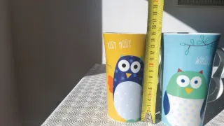 Tazas de búhos, cerámica, azul y amarillo