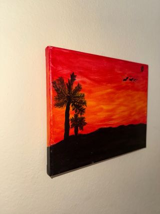 Cuadro atardecer palmeras pintado a mano