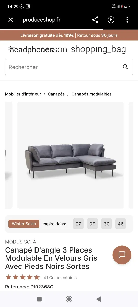 Sofá modular gris terciopelo