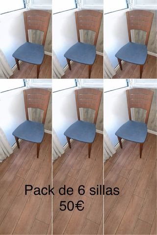 Pack 6 sillas madera azul y haya 50€