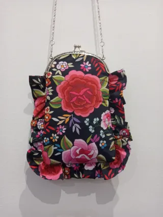 Bolso boquilla flores tela mantón artesana