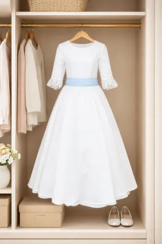 Vestido de Comunión Blanco con fajín Azul