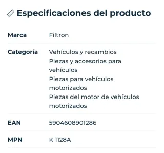 Filtro habitáculo Filtron K1128A EAN5904608901286