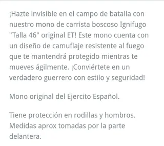 Traje ignífugo camuflaje militar