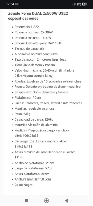 Patinete Eléctrico Zeeclo Fenix Dual 2x500W