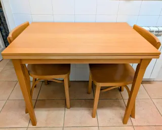 Lote de mesa plegable y dos sillas de madera