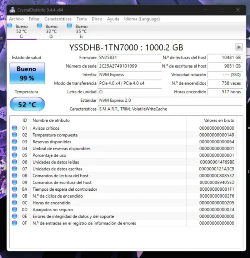 SSD NVMe 1TB PCIe 4.0 7450MB/s (99% salud)