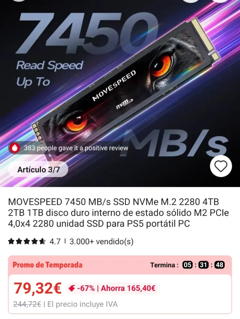 SSD NVMe 1TB PCIe 4.0 7450MB/s (99% salud) afbeelding 2