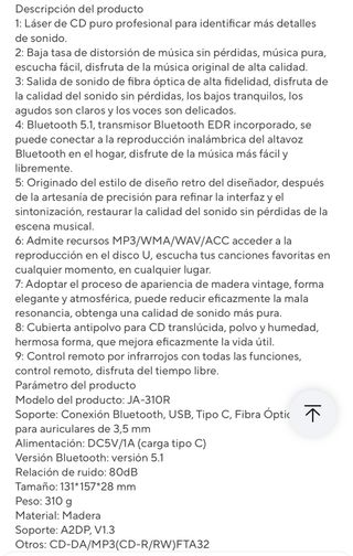 Reproductor CD/MP3 Bluetooth con Salida Digital