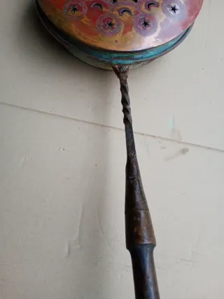 Calentador cama cobre y madera s.XIX calado