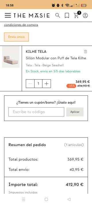 Sillón modular con puff tela beige