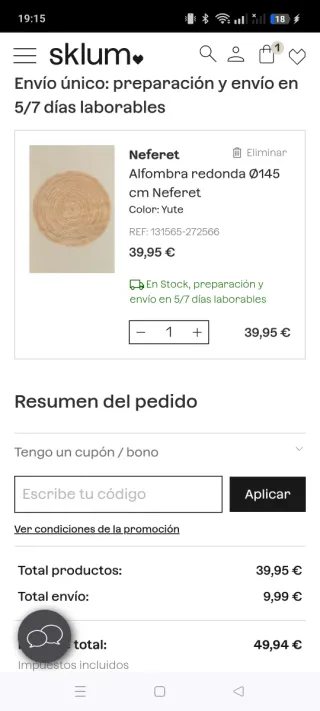 Alfombra redonda de yute Sklum 145cm