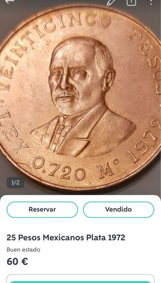 Moneda 25 Pesos Mexicanos Plata 1972