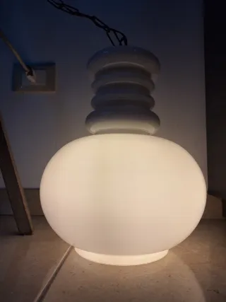 Lampada Sospensione Vetro Opalino Bianco Anni 70