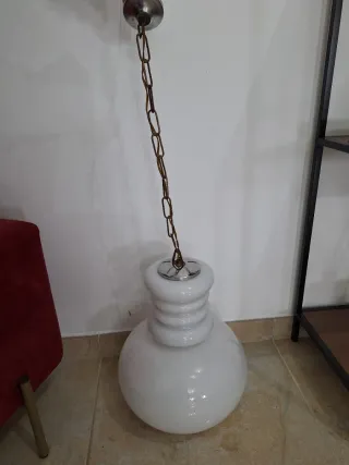 Lampada Sospensione Vetro Opalino Bianco Anni 70