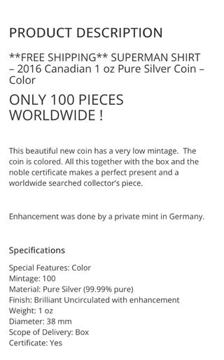 Moneda Canadá 5$ Superman Colorizado 2016