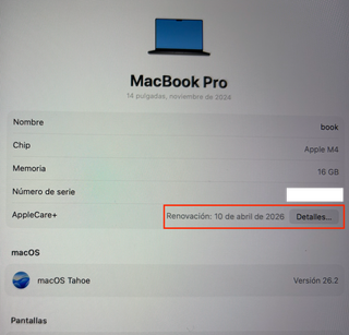 MacBook Pro 14 16GB M4 2025 Applecare