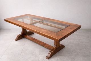 Mesa de madera maciza con tapa de cristal