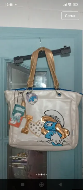 Bolso blanco y dorado con Smurfette