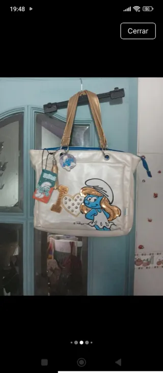 Bolso blanco y dorado con Smurfette