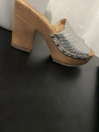 Sandalias Plataforma Tacón Madera y Plata