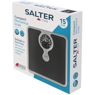 Salter 484 SBFEU16 Báscula mecánica de baño con lente de aumento, capacidad máx. de 133 kg, diseño monocromático compacto y elegante, fácil de leer, sin pilas, peso en kg, st y lb, plata/negro