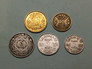 Lote 5 monedas antiguas Marruecos Francs 1950-1951