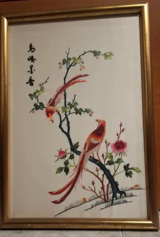 Cuadro seda chino pájaros