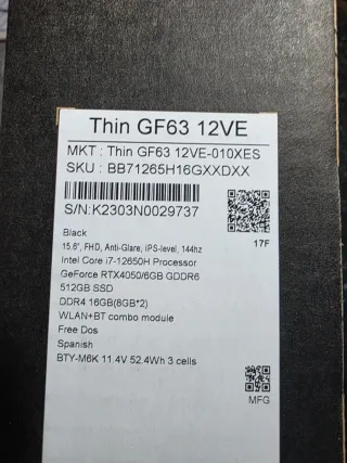 Portátil MSI 512GB SSD 16GB RAM RTX 4050