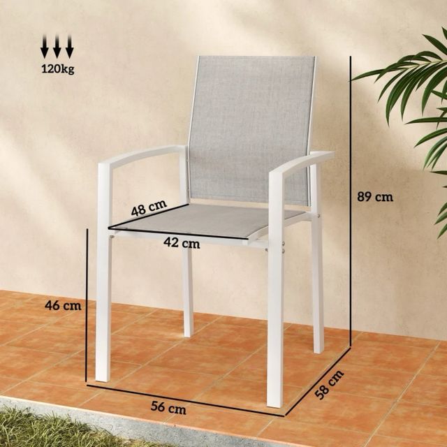Set di 2 Sedie da Giardino Esterno Impilabili con Braccioli e Schienale in Tela Traspirante 56x58x89 cm Grigio Chiaro