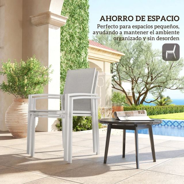 Set di 2 Sedie da Giardino Esterno Impilabili con Braccioli e Schienale in Tela Traspirante 56x58x89 cm Grigio Chiaro