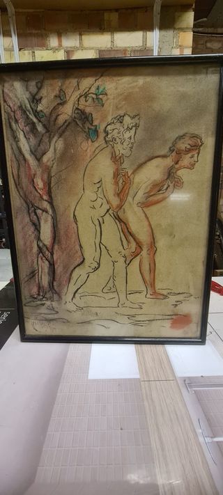Láminas enmarcadas, acuarelas, pinturas al carbón
