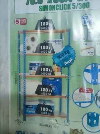 SimonRack Estantería Metálica Almacenaje, Sin tornillos, 5 Baldas, Alta Capacidad Carga 180 kg, 1800x900x300 mm, Estantería Garaje Trastero, Azul/Naranja/Galva