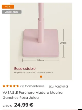 VASAGLE Appendiabiti in Legno Massiccio con Ganci Rosa Gelatina
