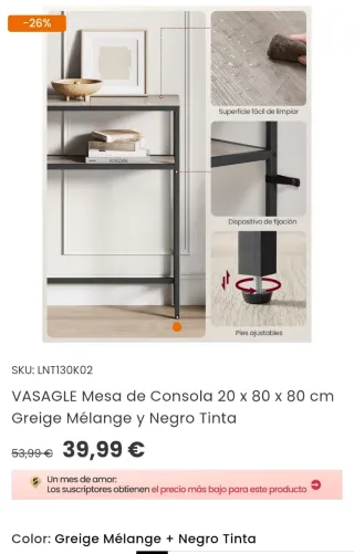 VASAGLE Tavolo Consolle 20x80x80 cm Greige Mélange