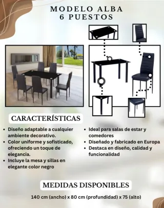 Mesa comedor cristal con 6 sillas blancas