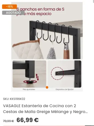 VASAGLE Estantería de Cocina con 2 Cestas de Malla